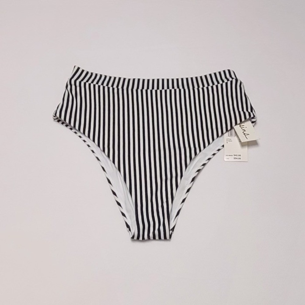 Raisins Women's High Waisted Striped Bikini Bottoms Black White Size M NEW